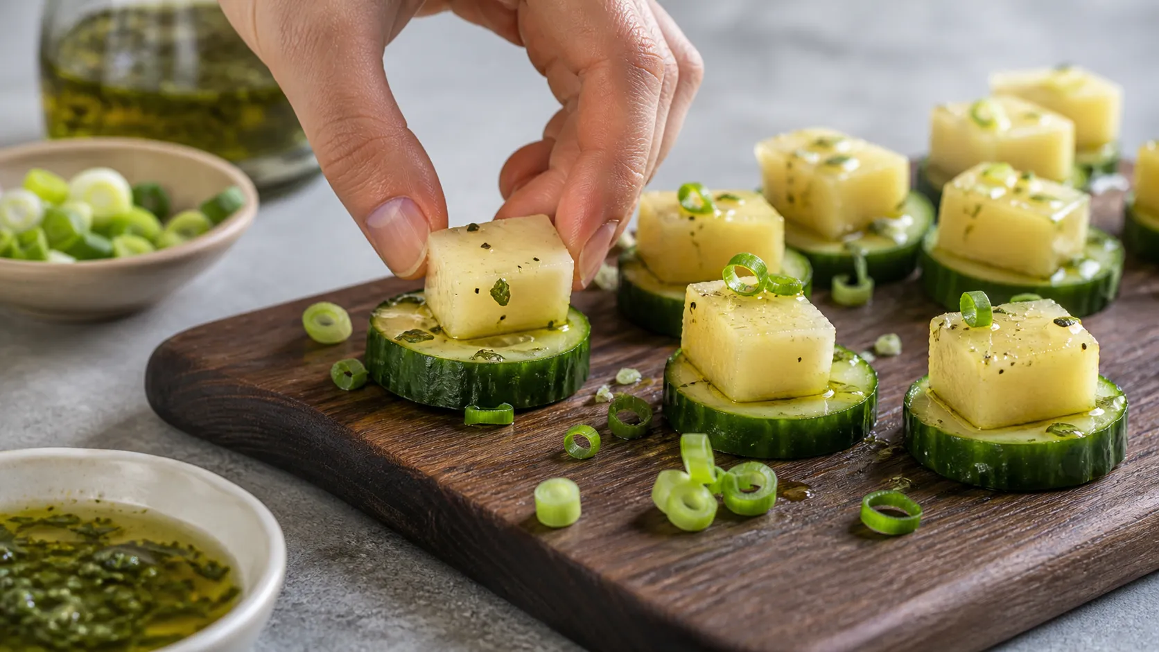Handkase cubes being placed on cucumber slices for keto tapas