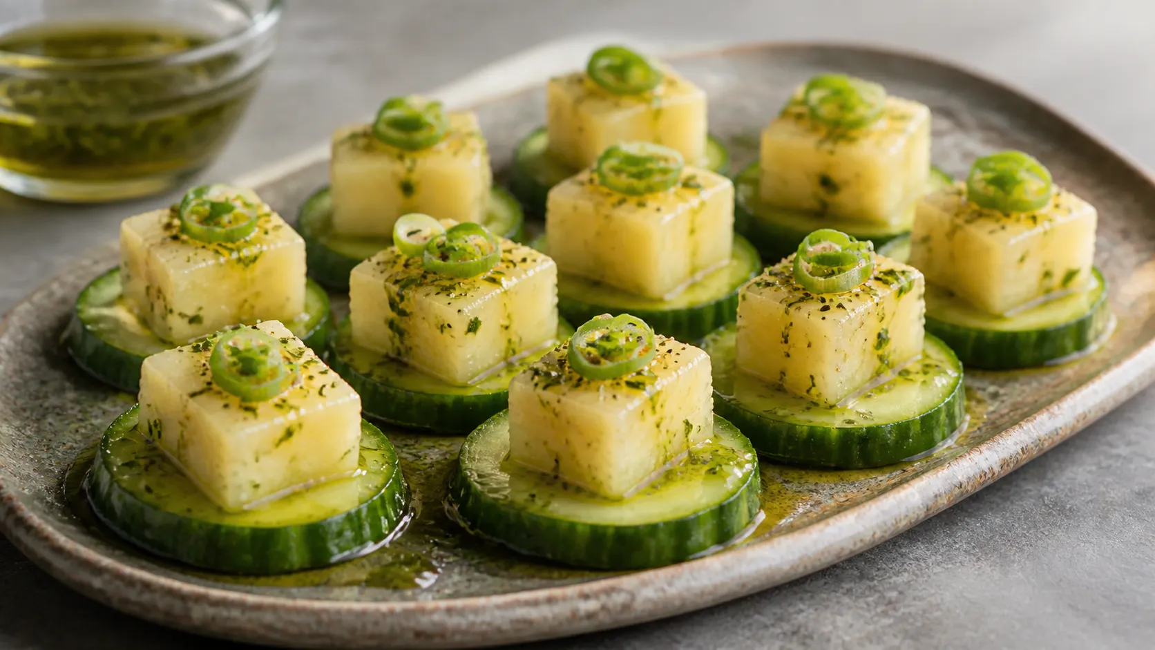Handkase tapas on cucumber slices with herb oil, chives and spring onions