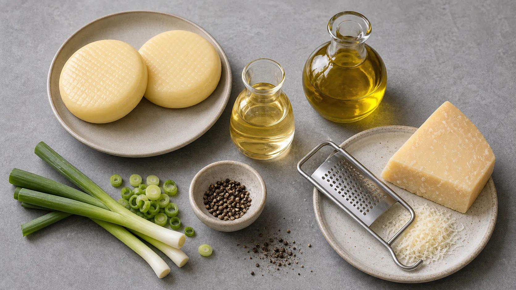 Ingredients for keto handkase with truffle oil and Parmesan as a flat lay with handkase, white truffle oil, olive oil, Parmesan, spring onions and pepper