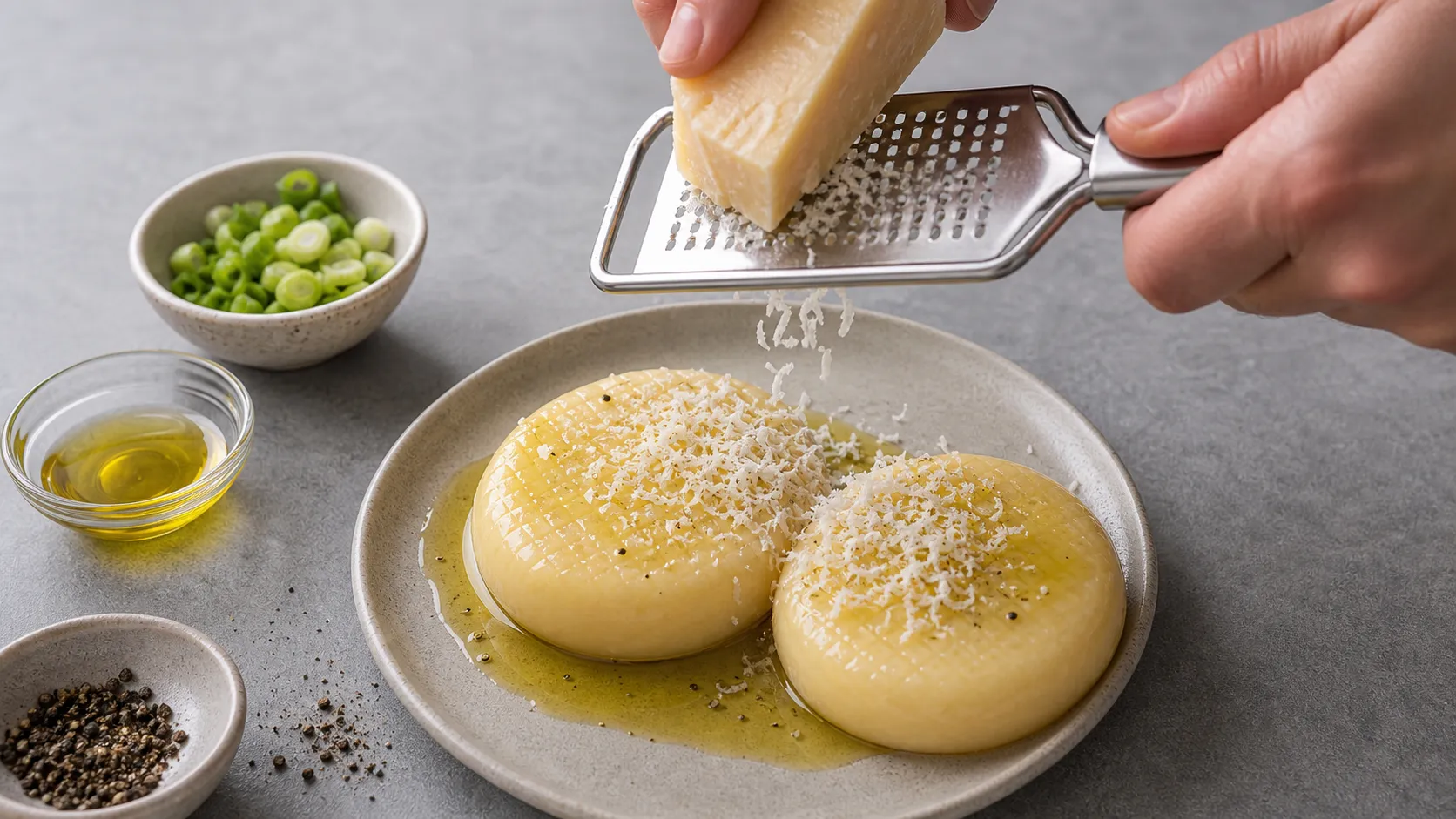 Parmesan being freshly grated over handkase with truffle oil