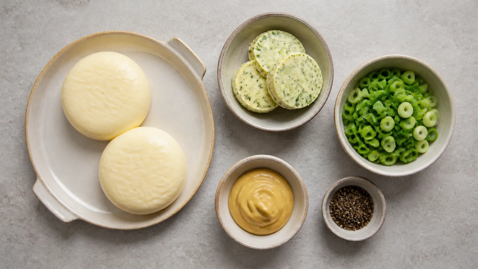 Ingredients for baked handkase: handkase, herb butter, Dijon mustard, scallions and pepper