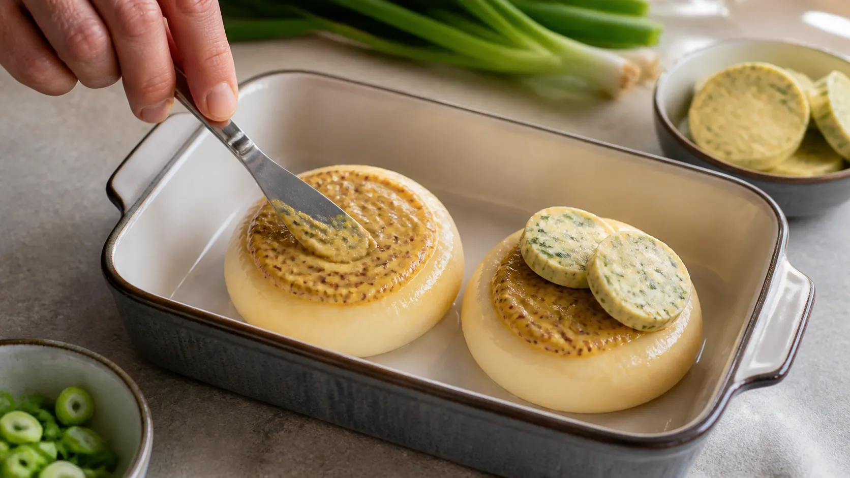 Handkase being brushed with Dijon mustard and topped with herb butter before baking