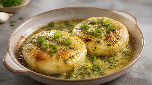 Baked handkase with melted herb butter, Dijon mustard and scallions