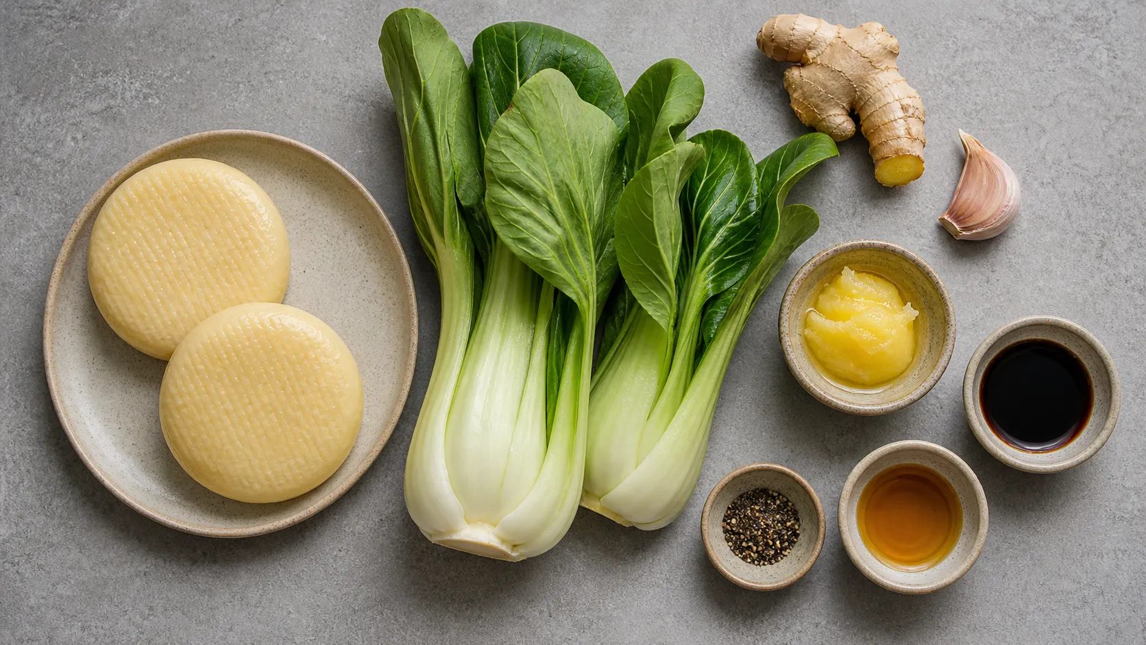 Ingredients for handkase wok: handkase, bok choy, ginger, garlic, soy sauce, sesame oil