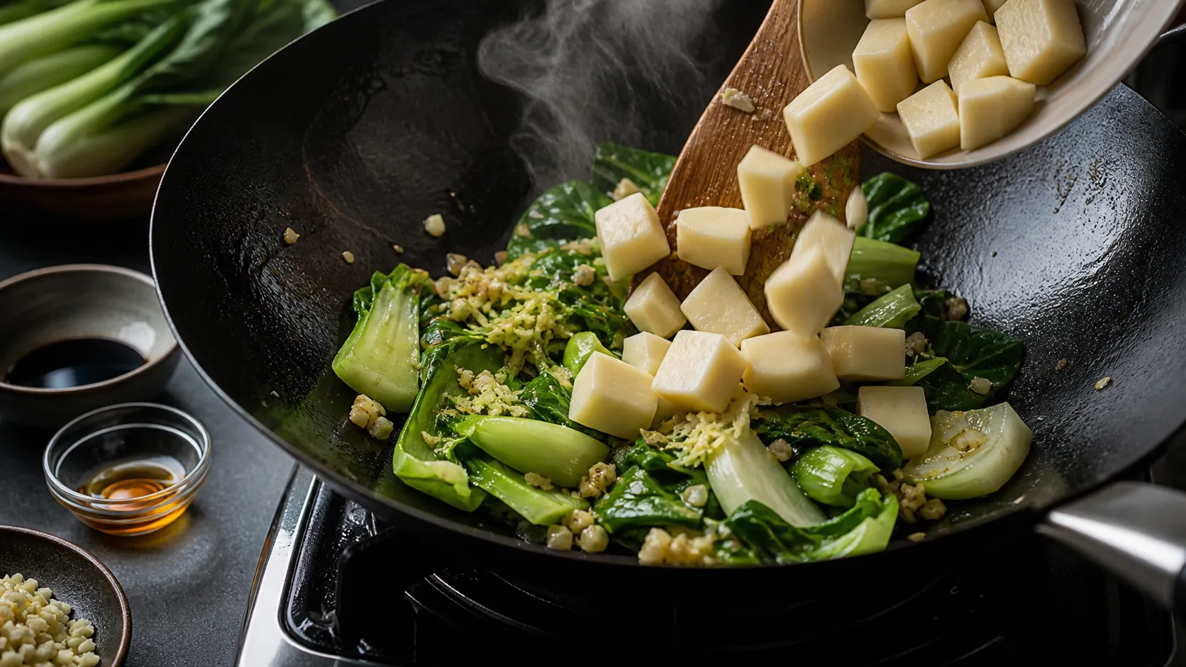 Handkase cubes being seared in a hot wok with bok choy and ginger