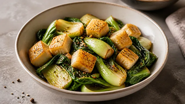 Handkase cubes in the wok with bok choy, ginger, soy sauce and sesame oil