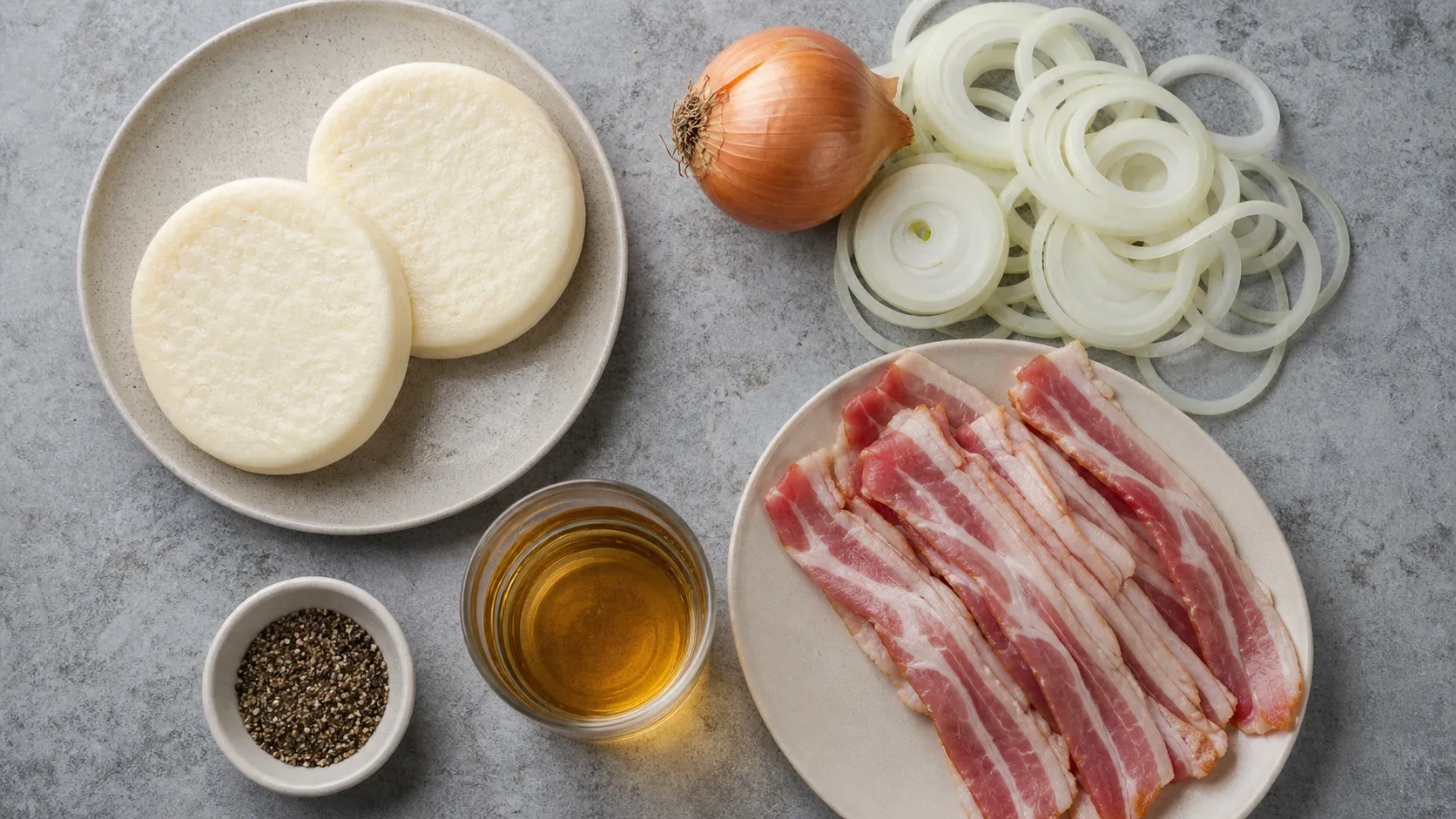 Ingredients for keto handkase with bacon: handkase cheese, breakfast bacon, onion, apple cider vinegar and pepper