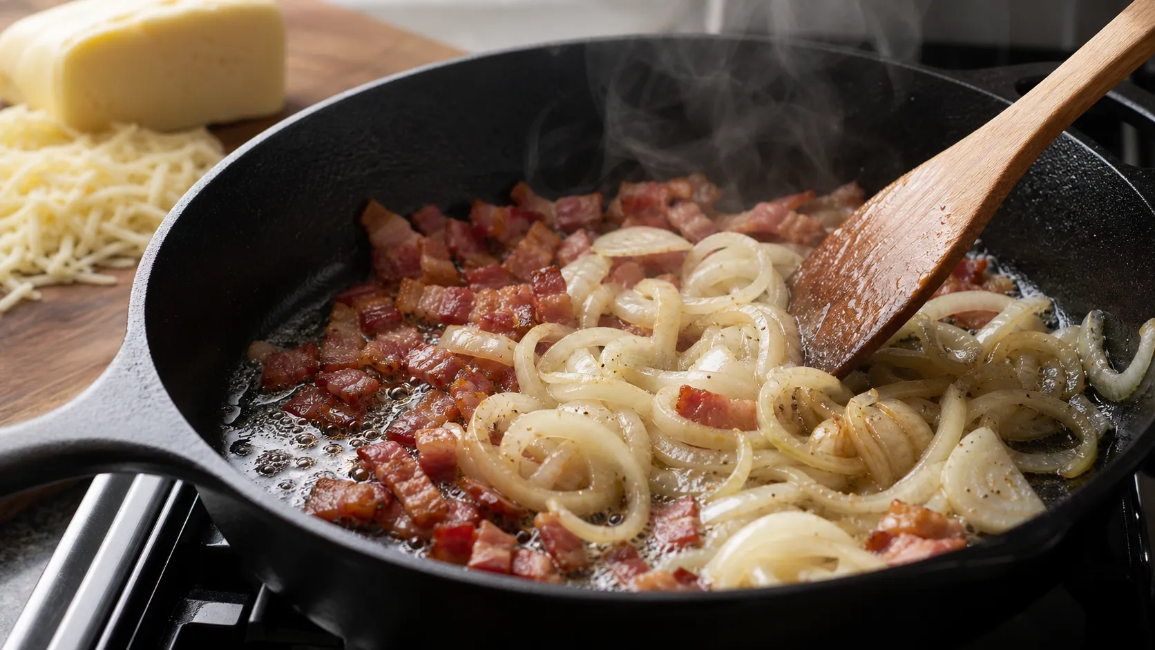 Bacon and onion rings cook in a skillet for keto handkase with bacon