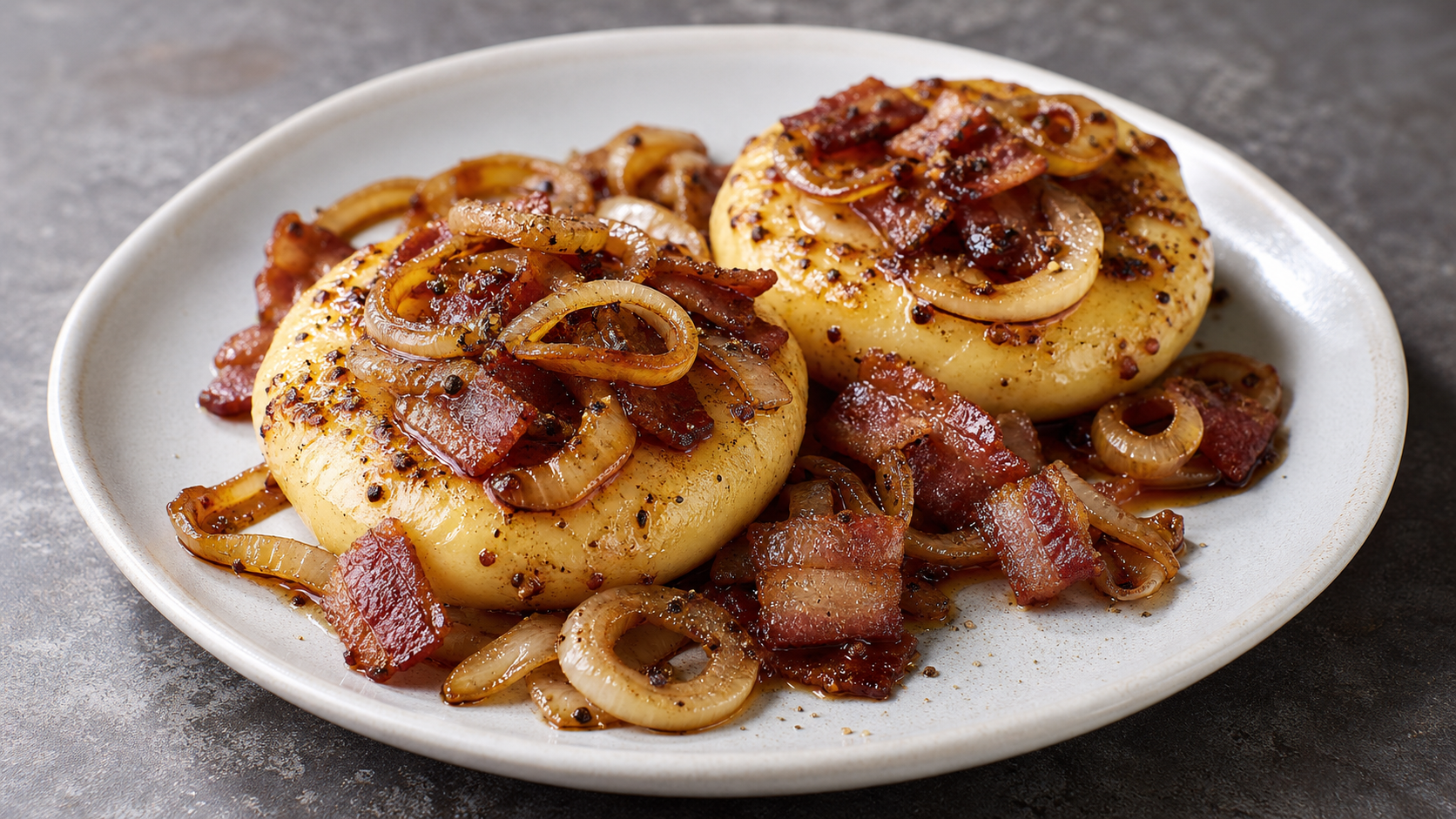 Handkase cheese with crispy bacon, browned onion rings, apple cider vinegar glaze and black pepper
