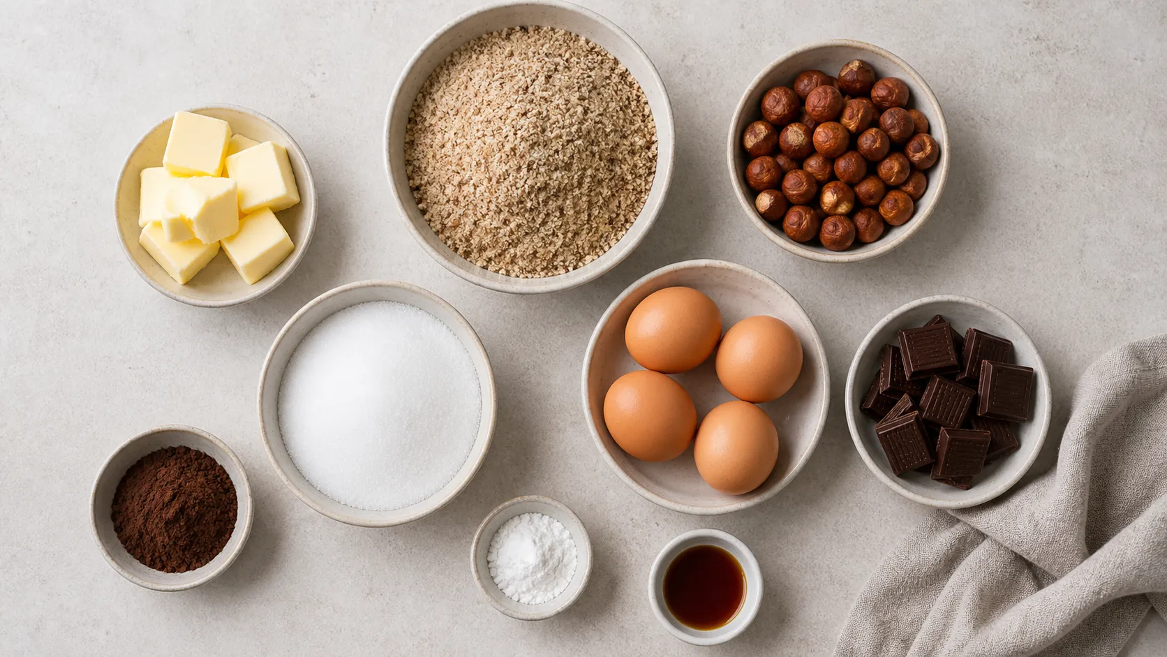 Ingredients for keto hazelnut cake: ground hazelnuts, eggs, butter and erythritol