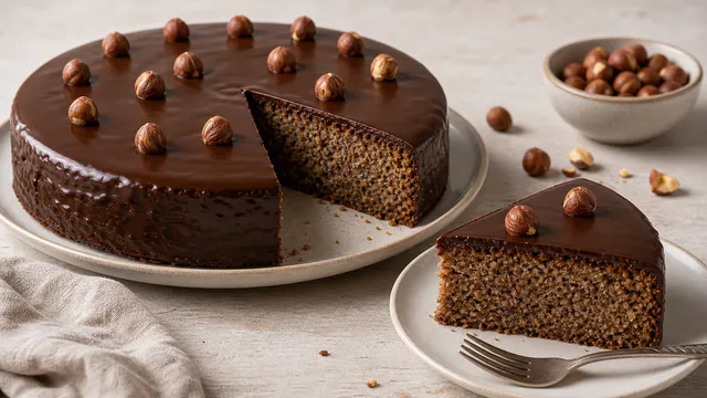 Keto hazelnut cake made from ground hazelnuts with a dark crumb and chocolate glaze