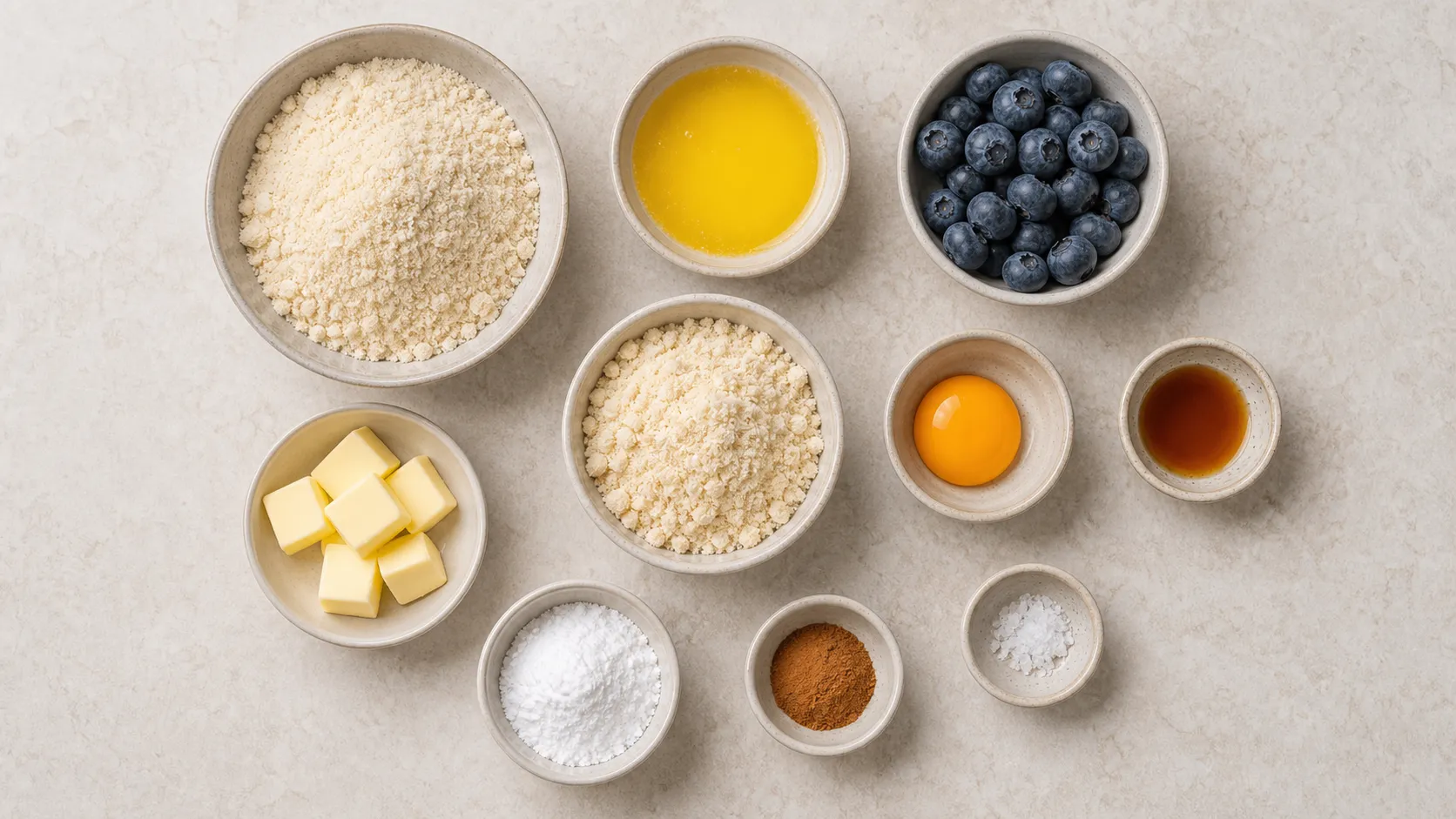 Ingredients for keto blueberry streusel bites with almond flour, butter, blueberries and cinnamon