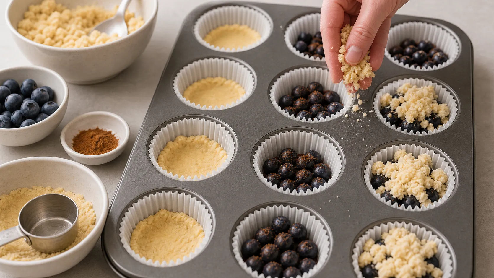 Blueberries and streusel are layered in muffin cups on an almond flour base