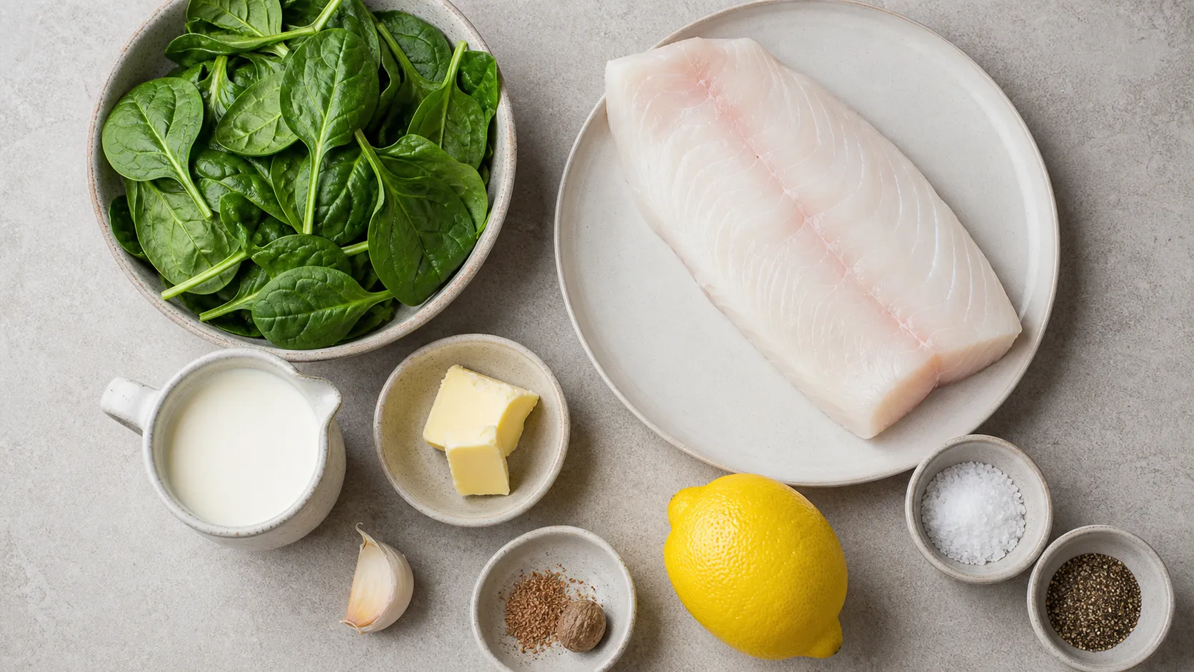Ingredients for keto halibut on spinach with halibut fillet, spinach, cream, butter, garlic, nutmeg and lemon