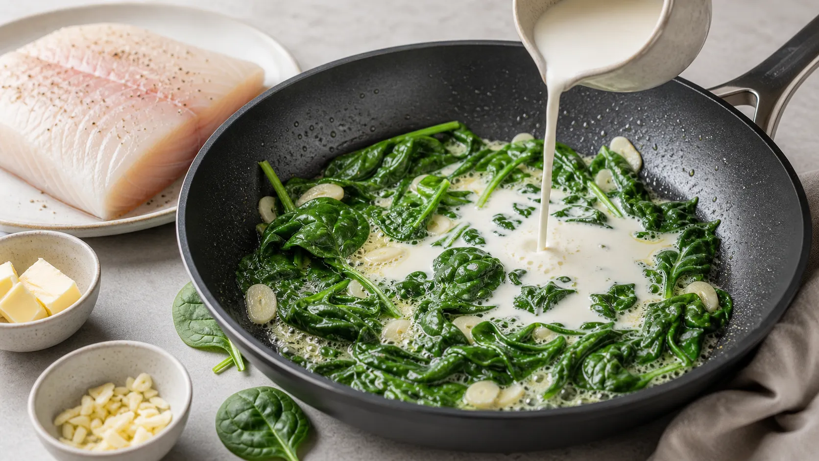 Spinach is prepared with butter, garlic and cream for keto halibut