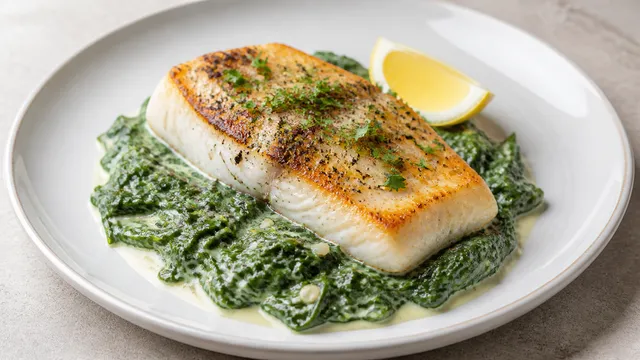 Keto halibut fillet on creamy spinach with butter, cream, garlic and lemon