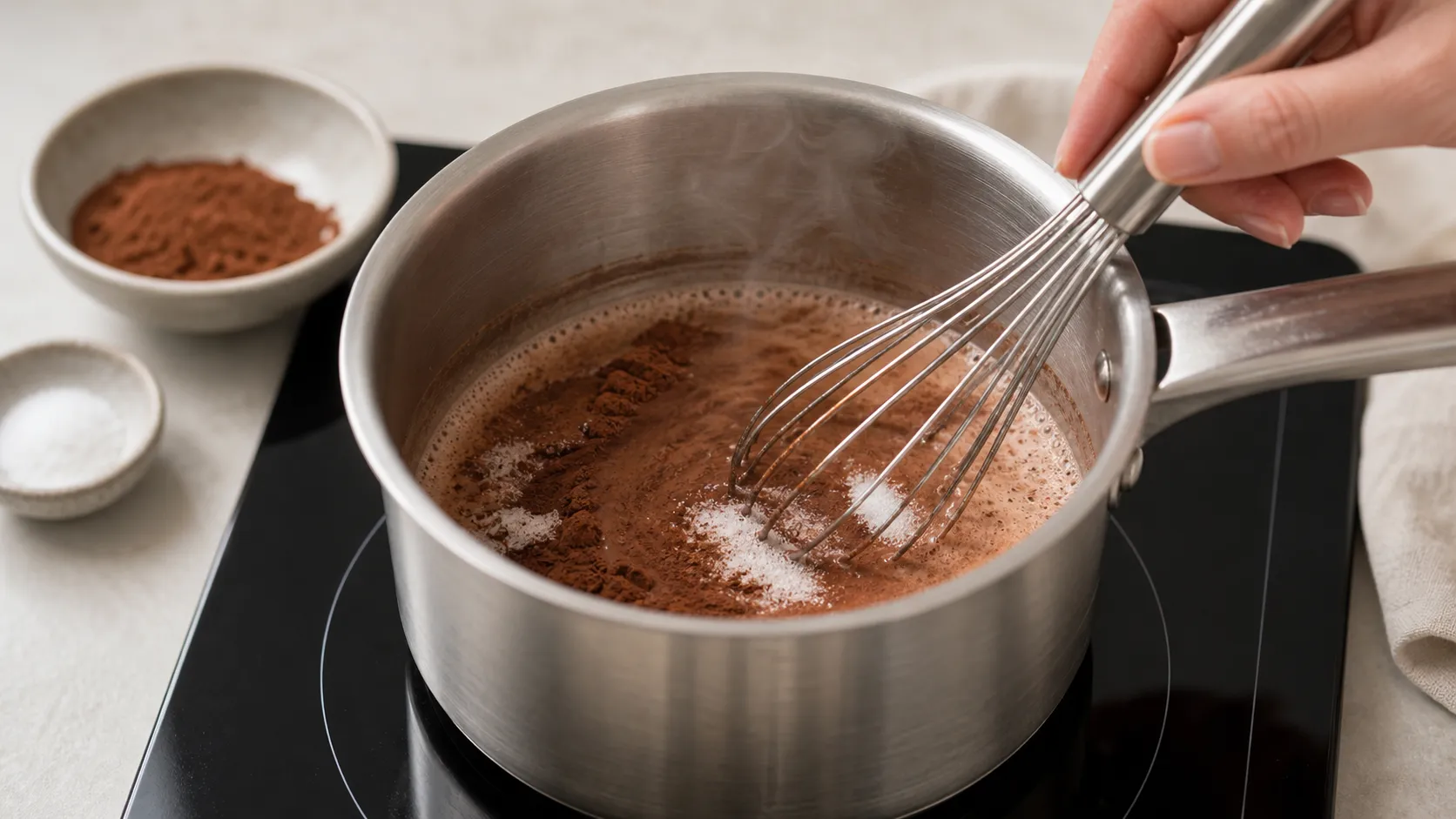 Cocoa and erythritol being whisked into a warm cream-water mixture for keto hot chocolate