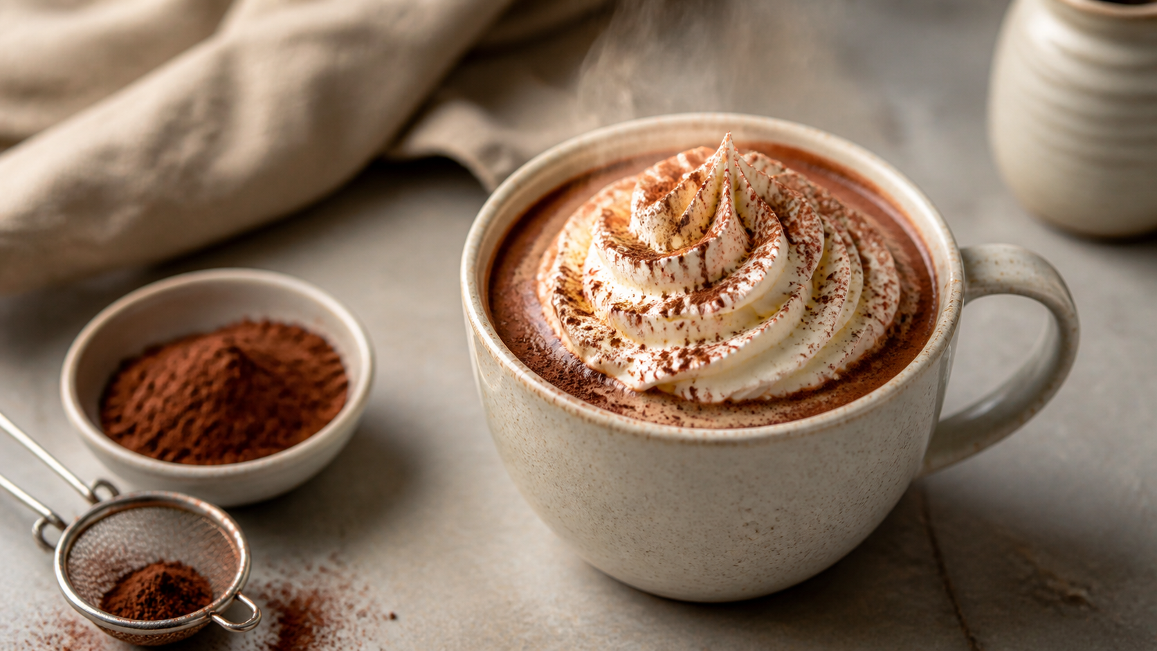 Keto hot chocolate with a cream topping and cocoa powder in a mug