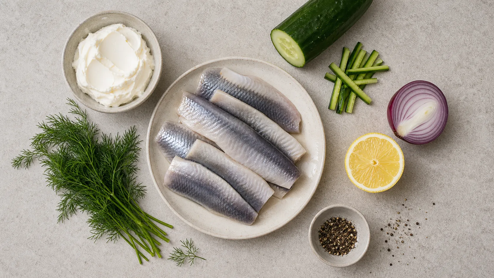 Ingredients for keto herring rolls: pickled herring fillets, cream cheese, fresh dill, cucumber and red onion