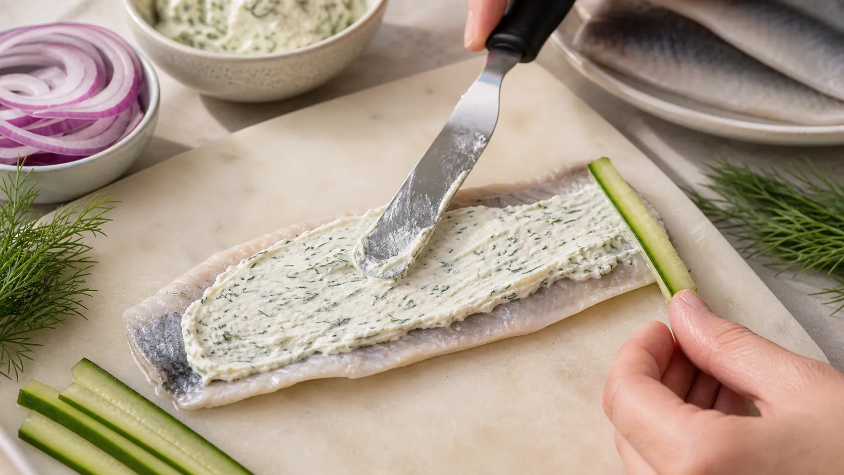 Cream cheese dill filling is spread on a pickled herring fillet before it is rolled up