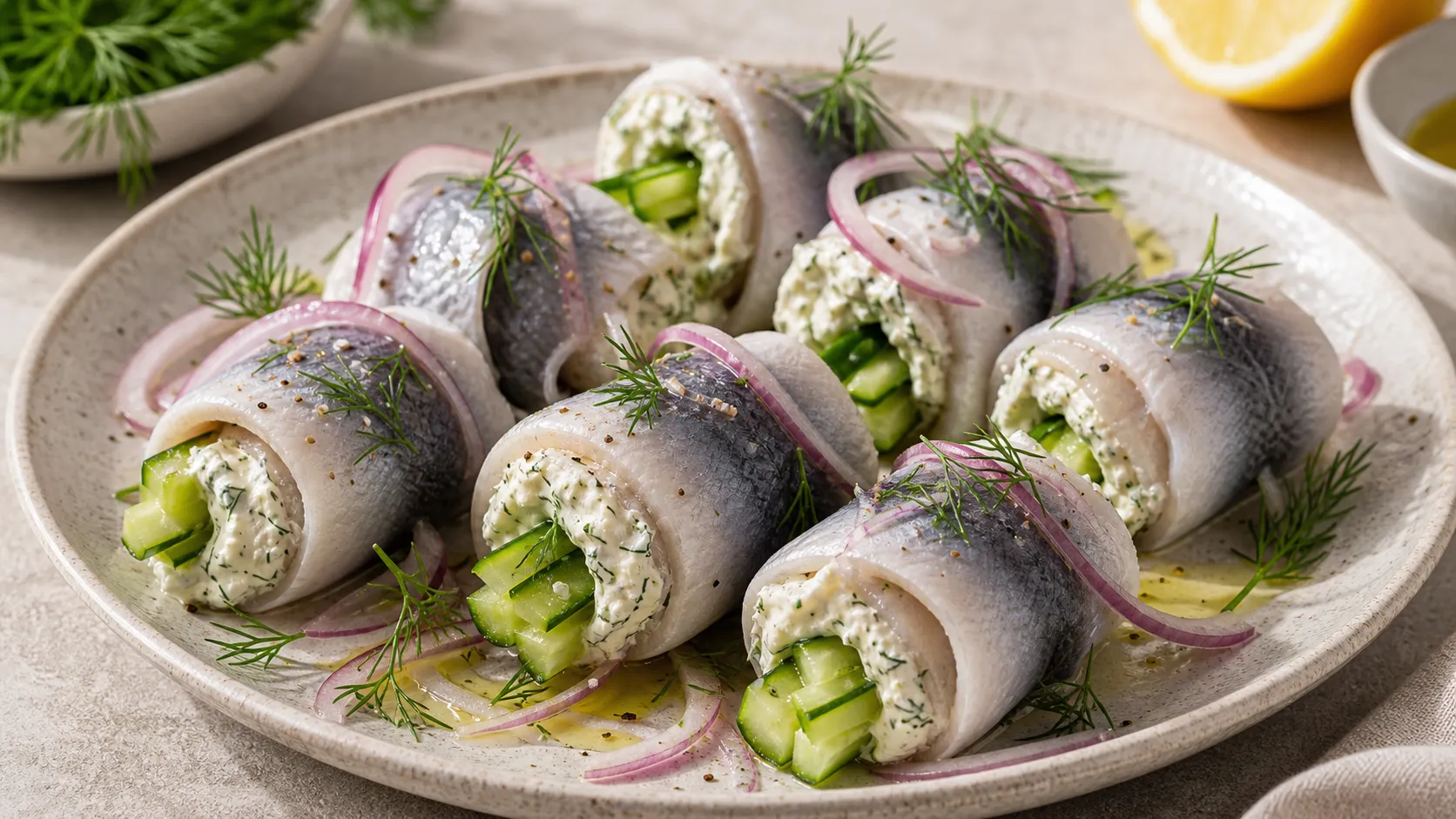 Keto herring dill cream cheese rolls on a plate, rolled up with visible dill cream cheese filling and cucumber slices