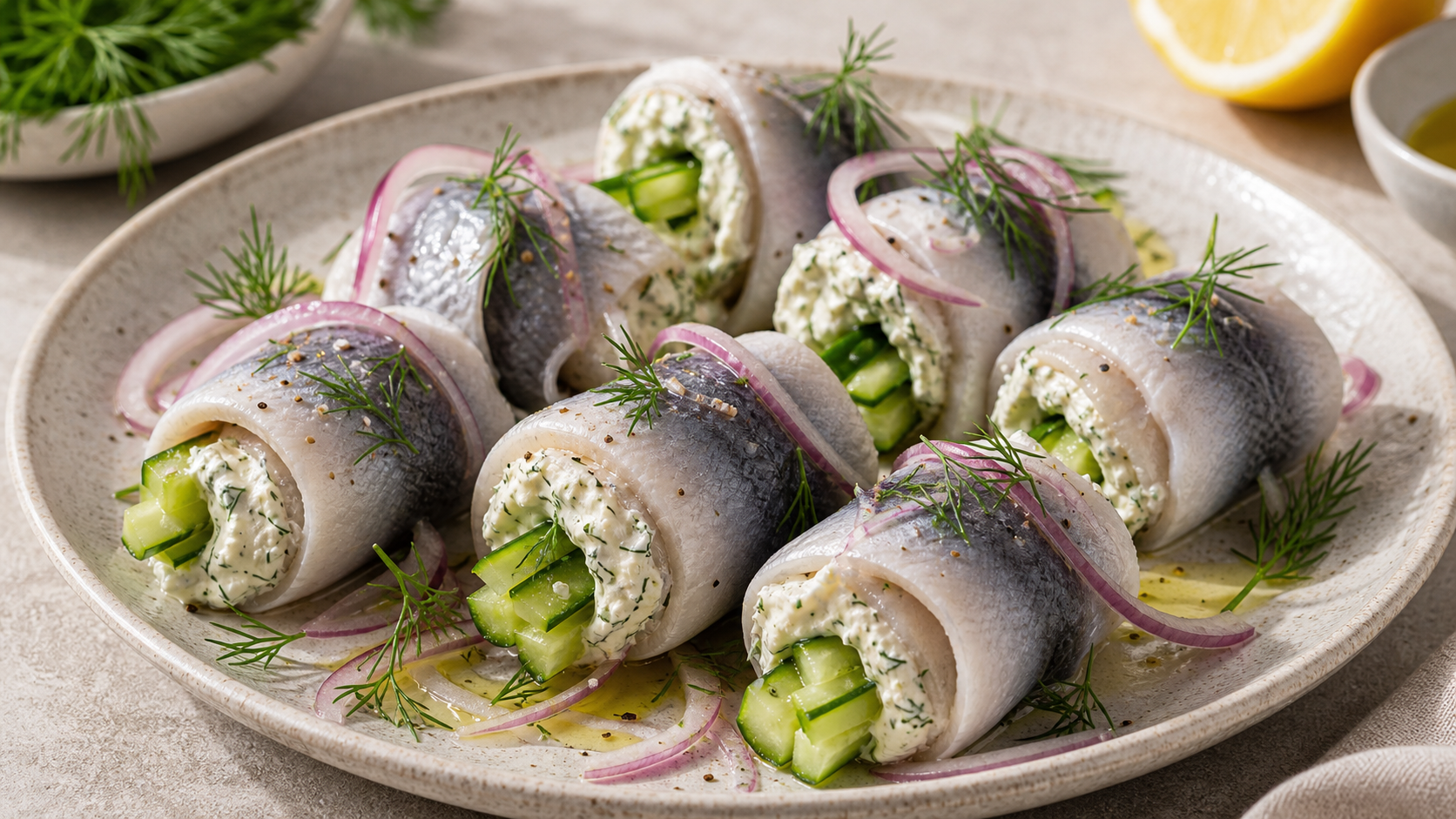 Keto herring dill cream cheese rolls on a plate, rolled up with visible dill cream cheese filling and cucumber slices