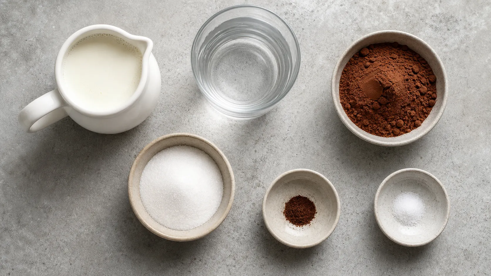 Ingredients for keto hot chocolate with heavy cream, water, unsweetened cocoa, erythritol, vanilla and salt