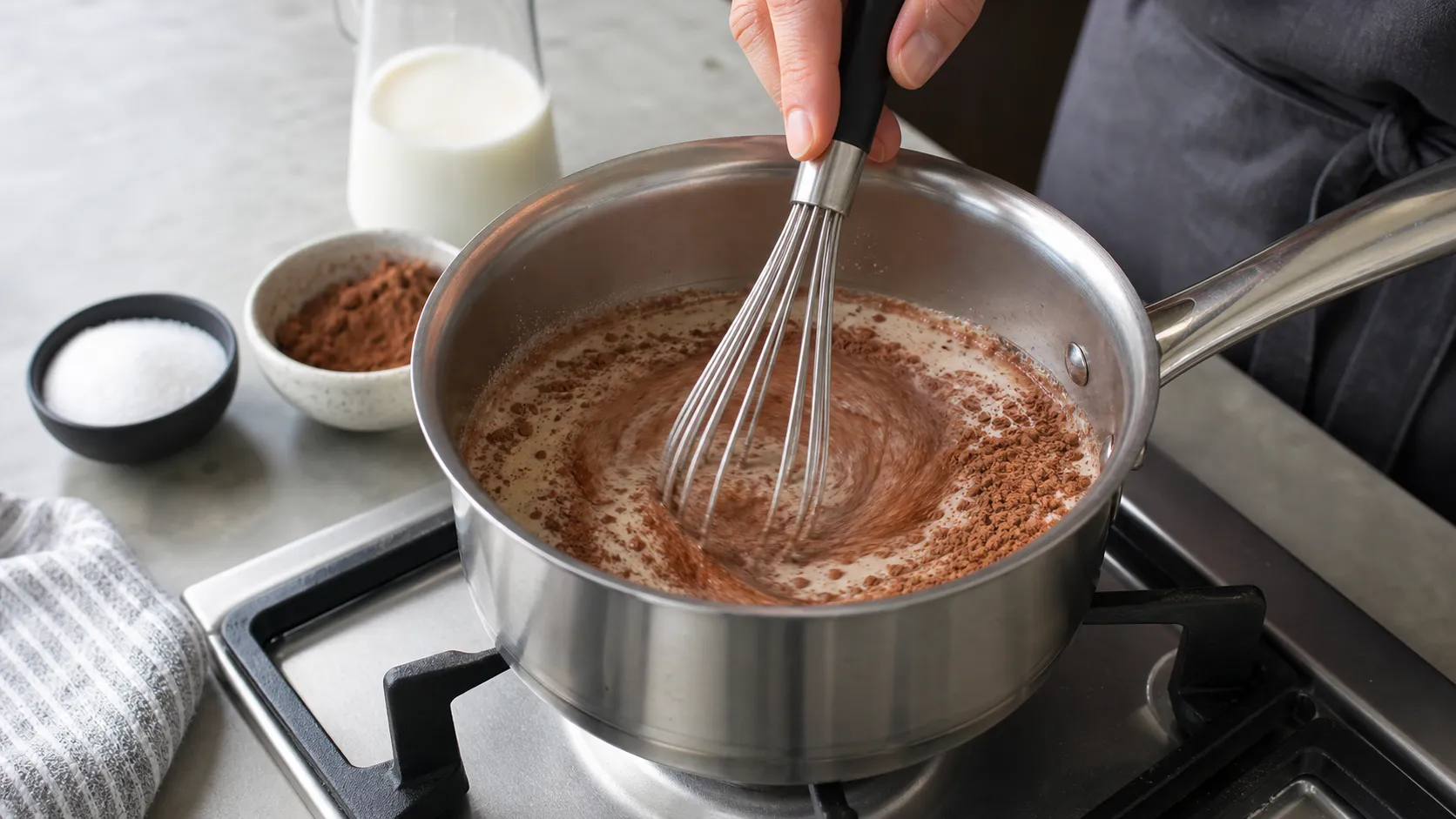 Unsweetened cocoa is whisked into warm cream and water for keto hot chocolate