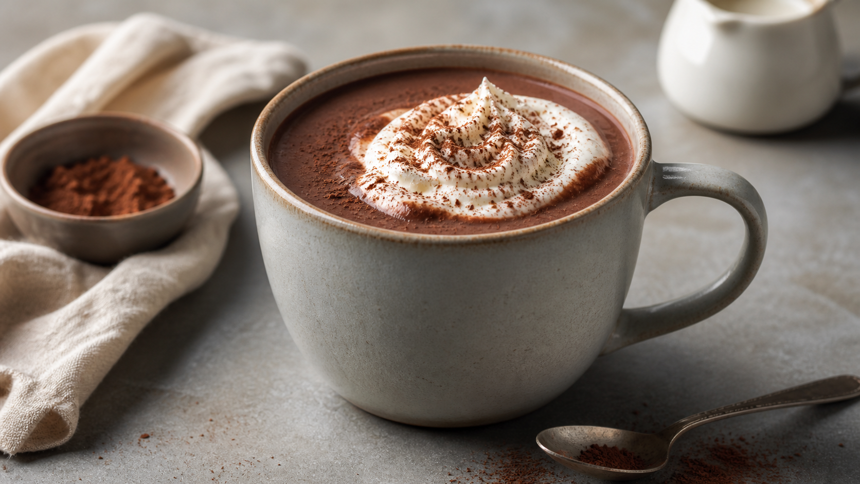 Keto hot chocolate with cream topping and unsweetened cocoa in a ceramic mug