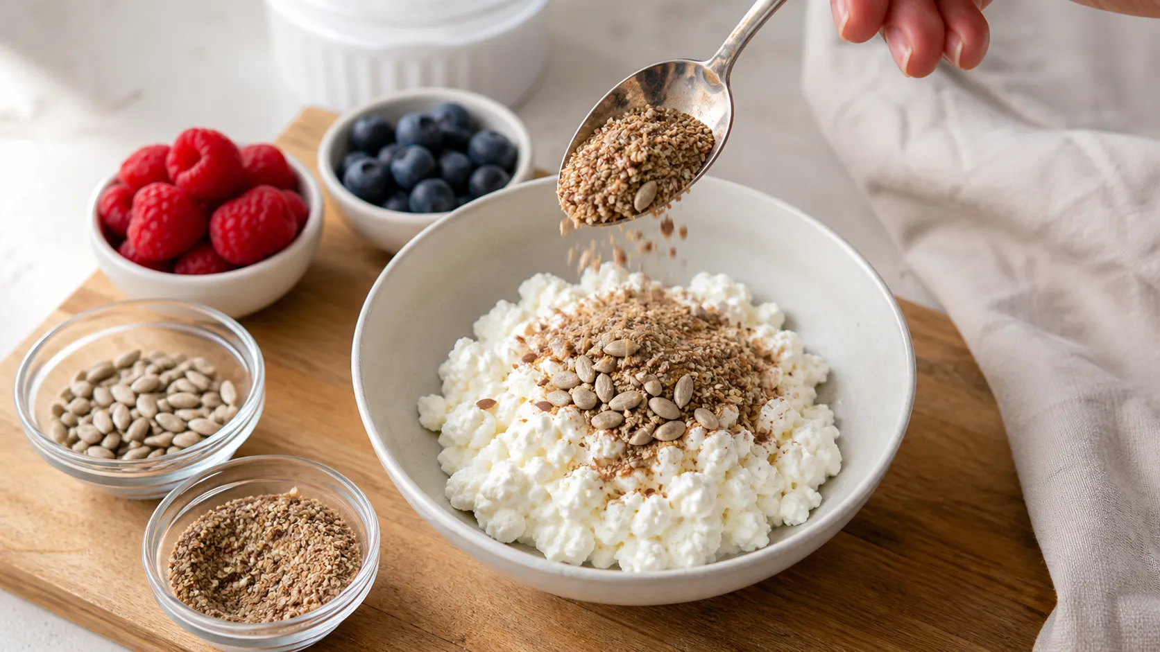 Cottage cheese bowl topped with berries and seeds