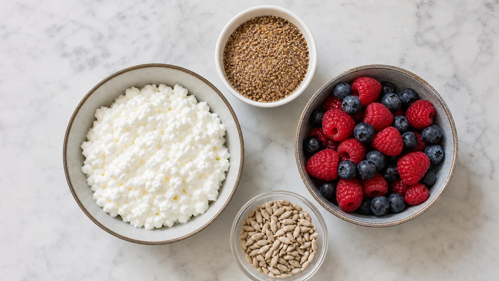 Ingredients for the keto cottage cheese bowl: cottage cheese, flaxseed, mixed berries
