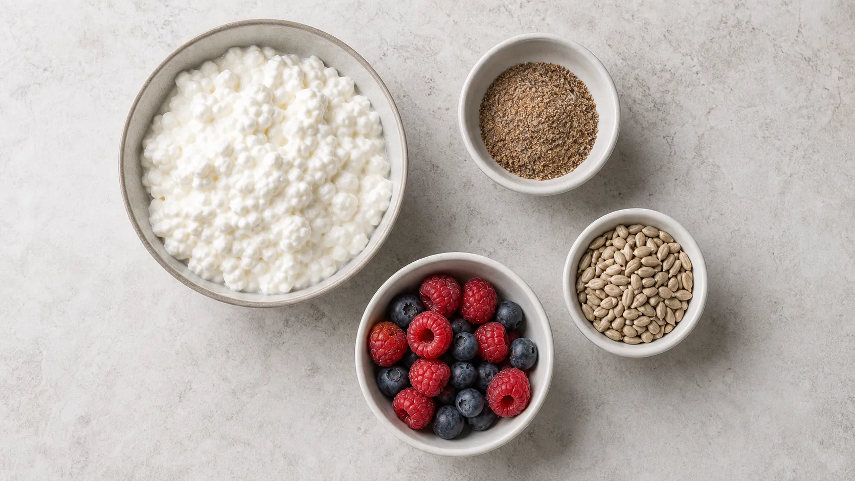 Ingredients for Keto Cottage Cheese Flax & Berry Bowl - High Protein in 2 Minutes: 150 g cottage cheese (full-fat), 1 tbsp ground flaxseed (approx. 10 g), 30 g mixed berries (raspberries, blueberries), 10 g sunflower seeds