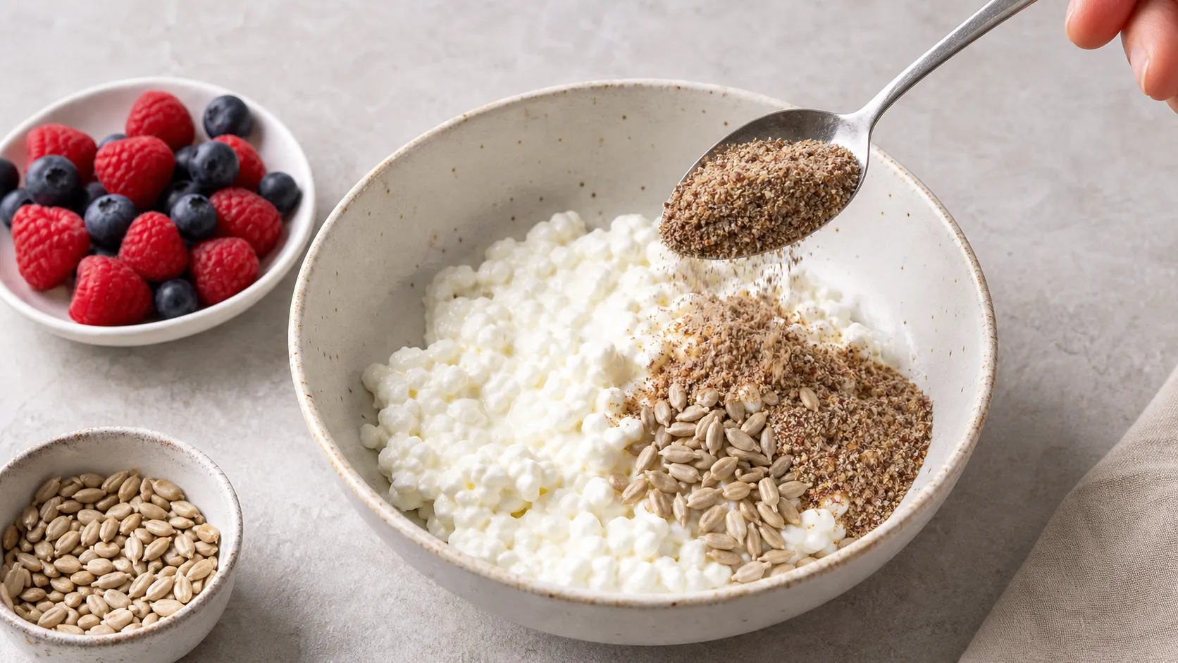 Preparation step for Keto Cottage Cheese Flax & Berry Bowl - High Protein in 2 Minutes: Sprinkle the ground flaxseed and sunflower seeds on top.