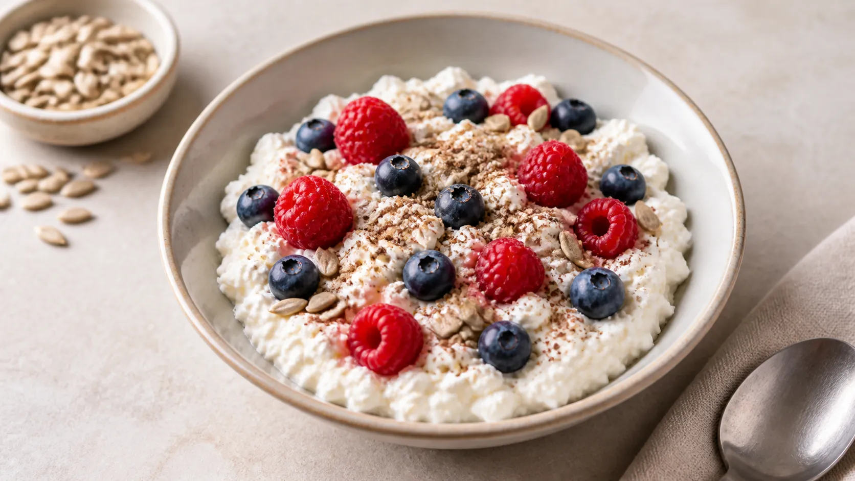 Keto cottage cheese bowl with flaxseed, berries, and sunflower seeds
