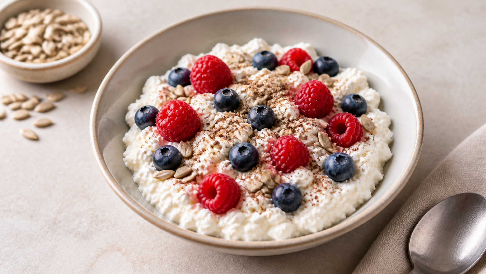 Keto cottage cheese bowl with flaxseed, berries, and sunflower seeds