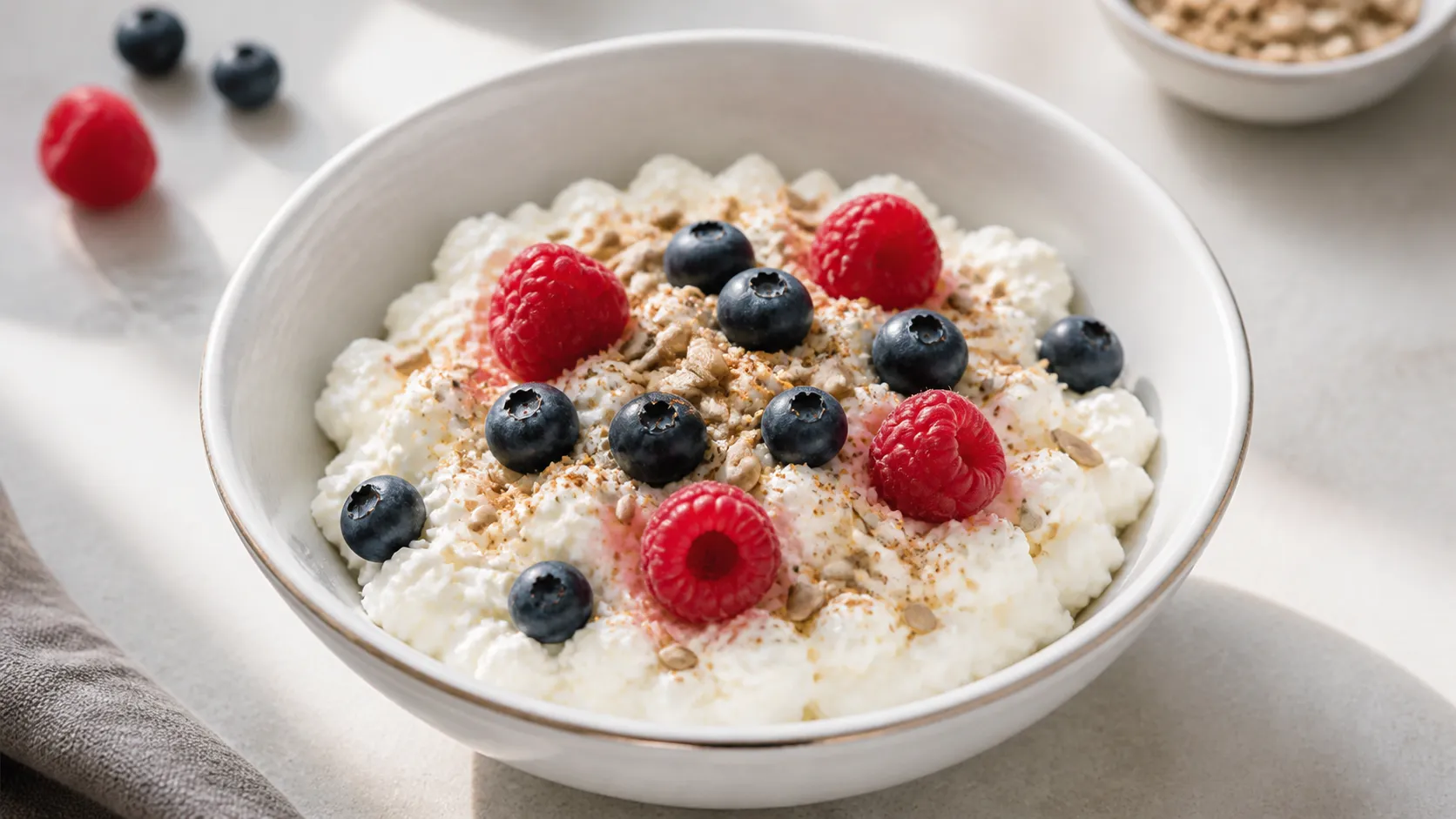 Keto cottage cheese bowl with flaxseed, berries, and sunflower seeds