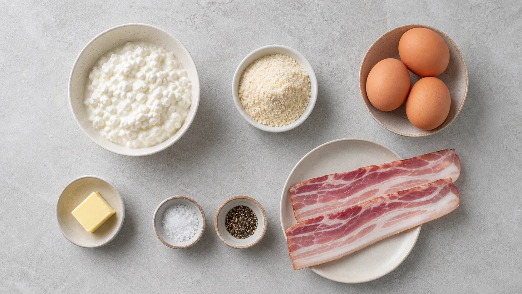 Ingredients for Keto Cottage Cheese Pancakes with Bacon: 56 g Protein in 15 Minutes: 200 g cottage cheese (4 % fat), 3 eggs (M), 40 g almond flour, 40 g breakfast bacon (2 slices), 10 g butter, Pinch of salt