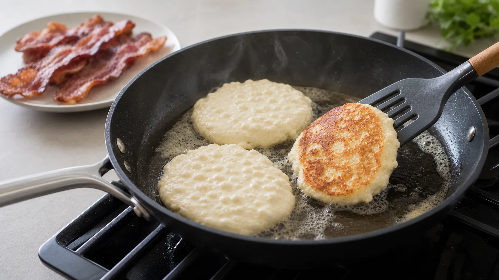 Preparation step for Keto Cottage Cheese Pancakes with Bacon: 56 g Protein in 15 Minutes: Melt butter (10 g) in a non-stick pan over medium heat.
