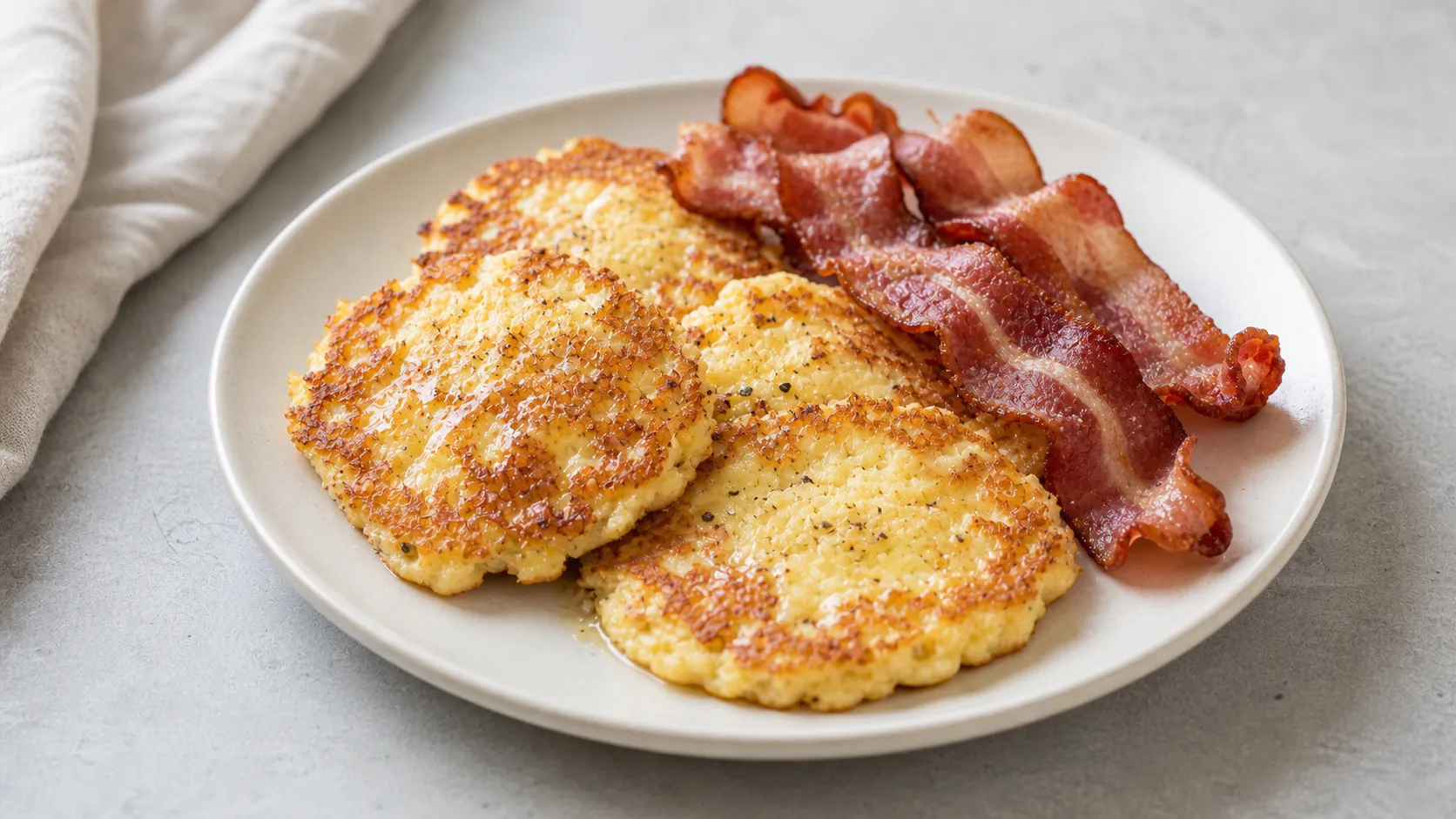 Keto cottage cheese pancakes with crispy bacon on a plate, fried golden brown