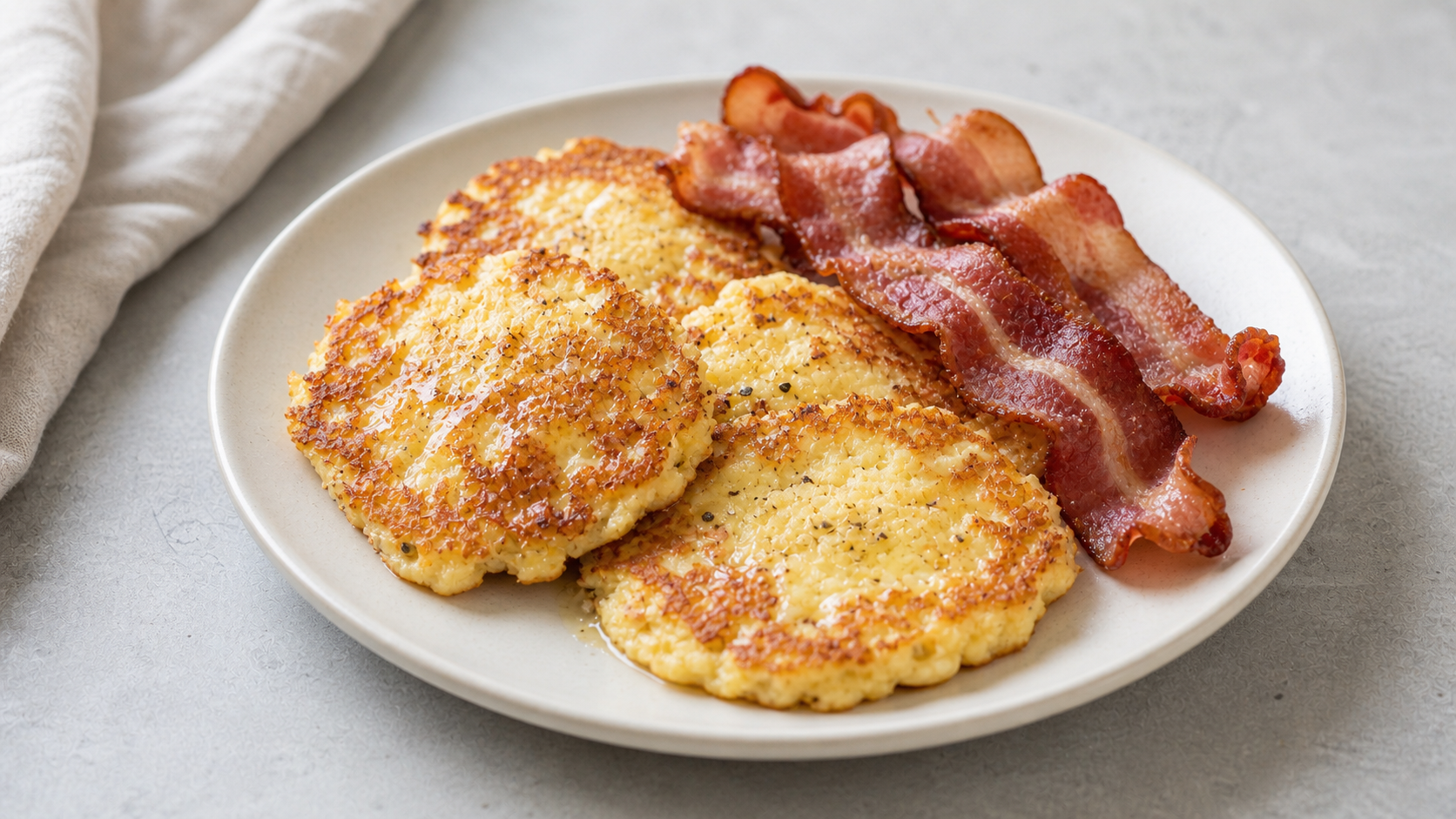 Keto cottage cheese pancakes with crispy bacon on a plate, fried golden brown