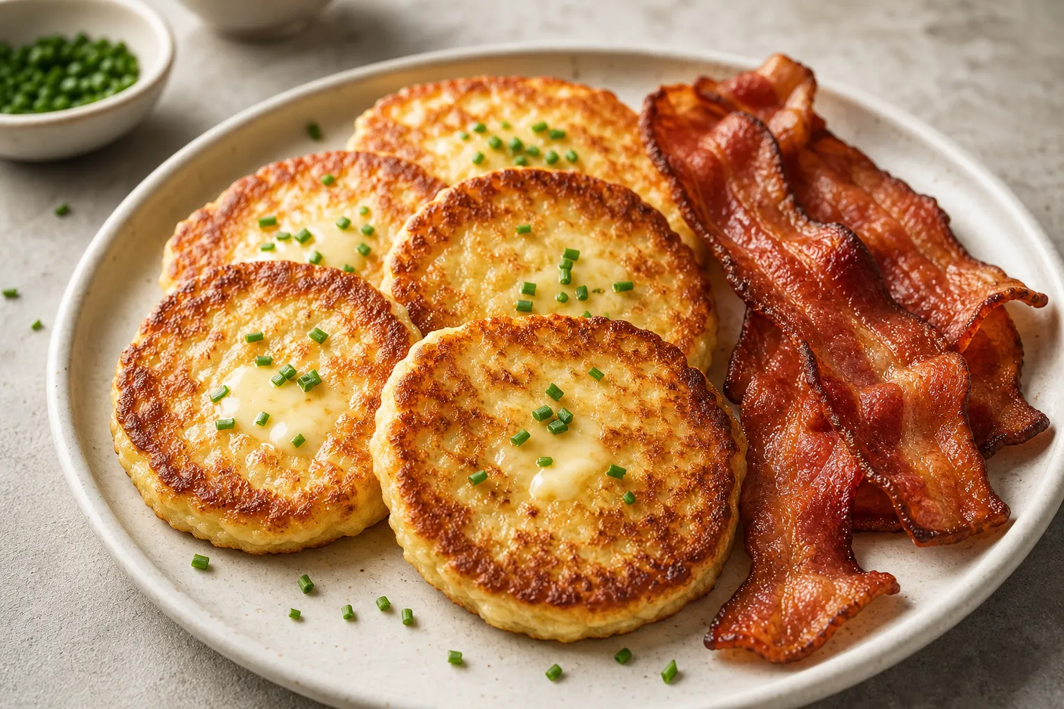 Keto cottage cheese pancakes with crispy bacon on a plate, fried golden brown