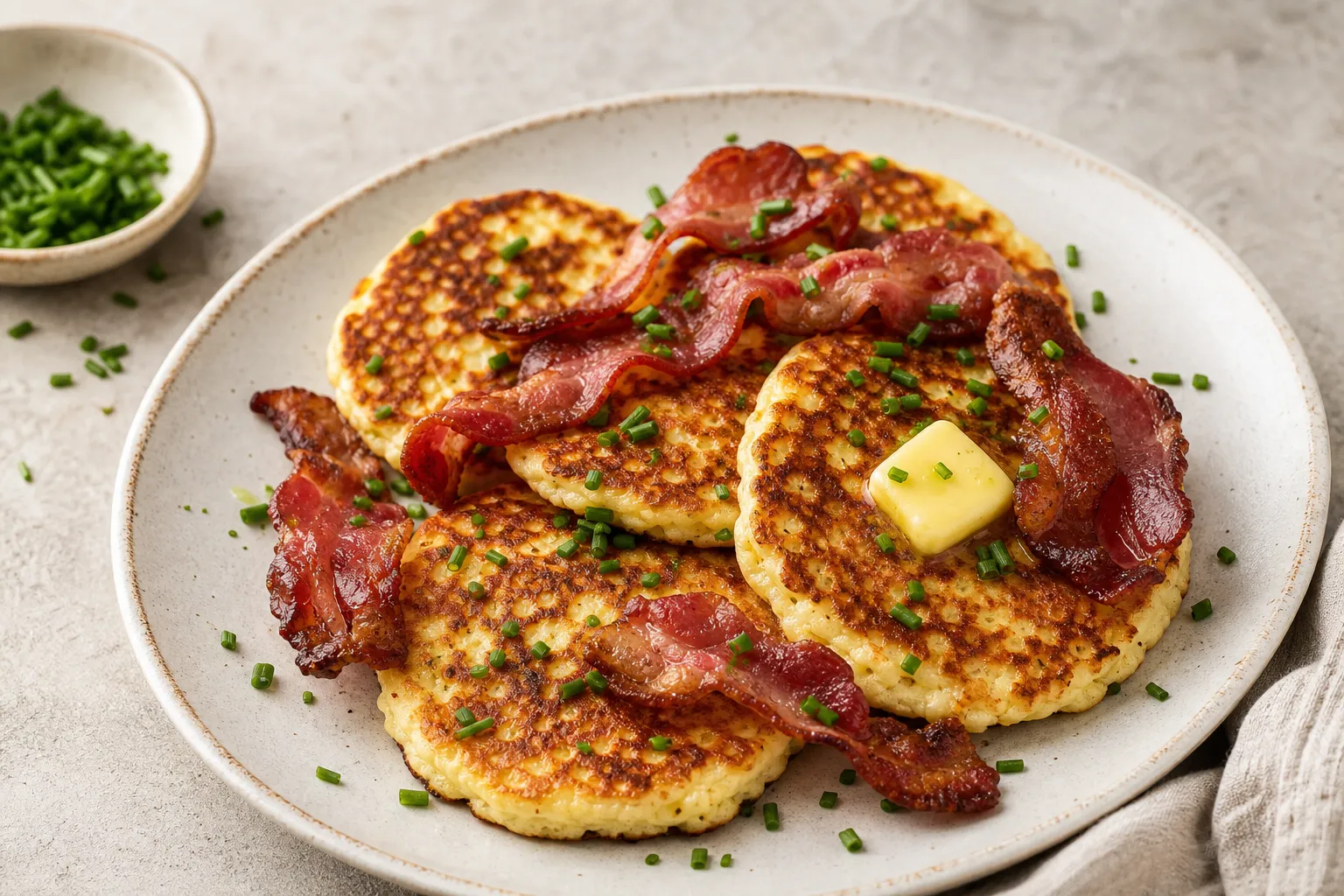 Finished keto cottage cheese pancakes plated with bacon and chives