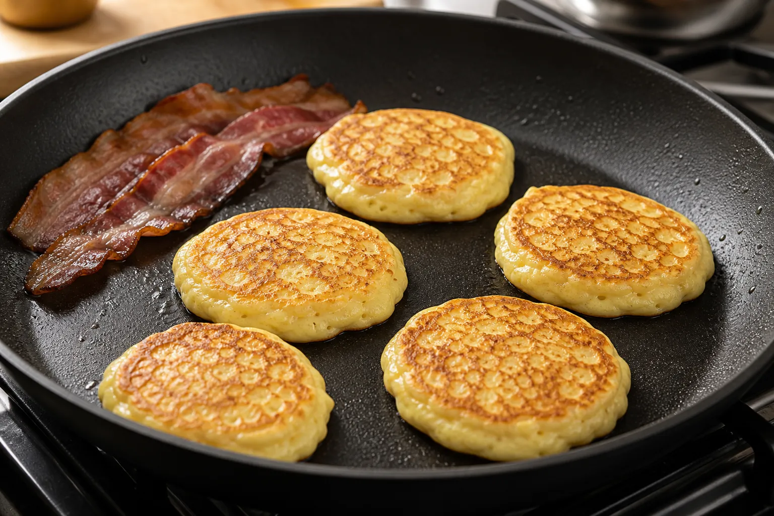 Cottage cheese pancake batter in the pan – keto breakfast without flour