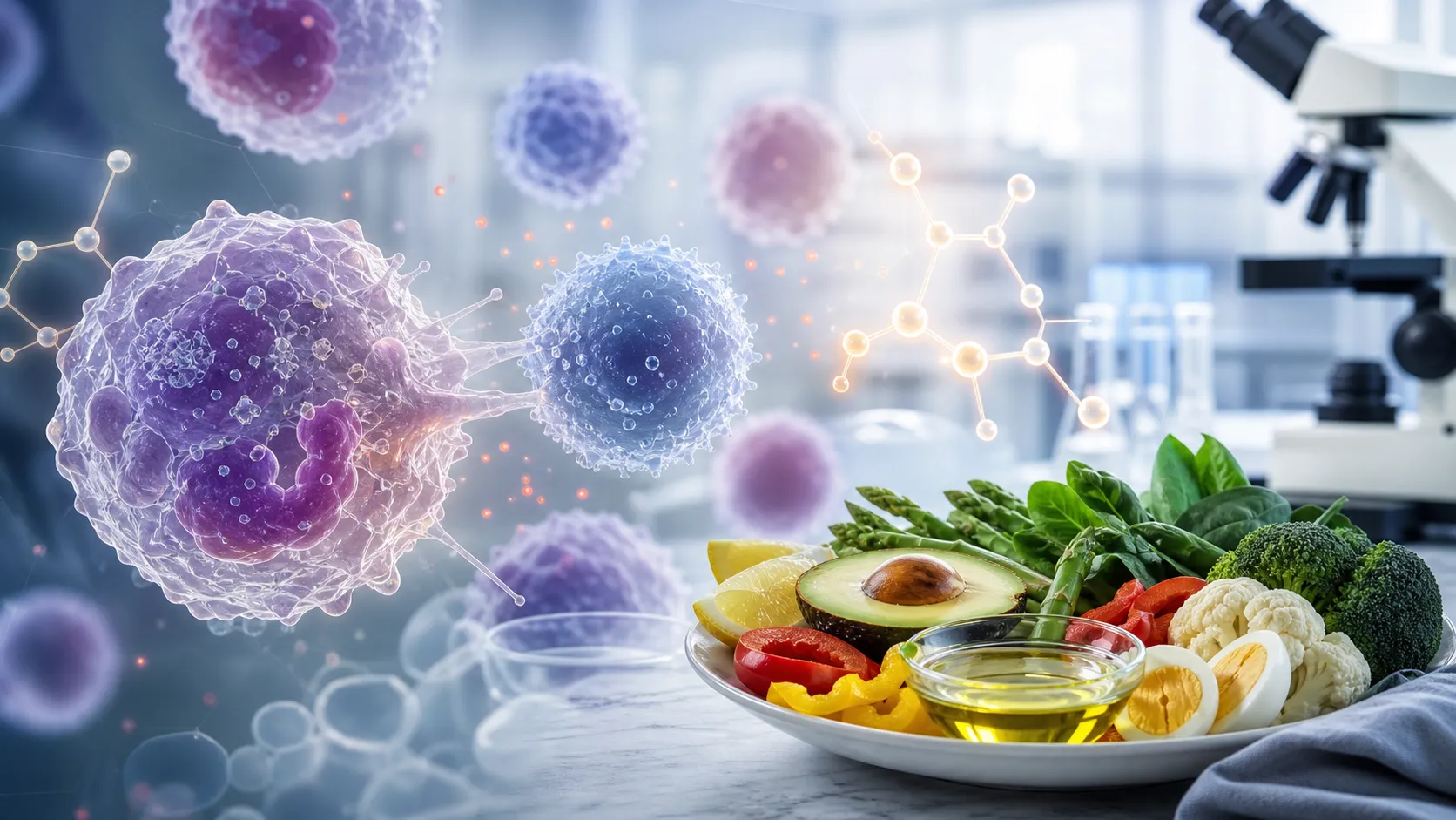 Microscopic view of white blood cells alongside a plate with colorful low-carb vegetables on a light background