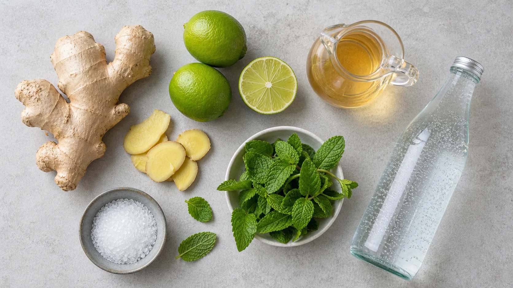 Ingredients for Keto Ginger-Lime Shrub: Fermented Vinegar Drink Without Sugar: 80 g fresh ginger, 2 organic limes, 250 ml apple cider vinegar, 70 g erythritol, 12 mint leaves, 1 l cold sparkling water for serving