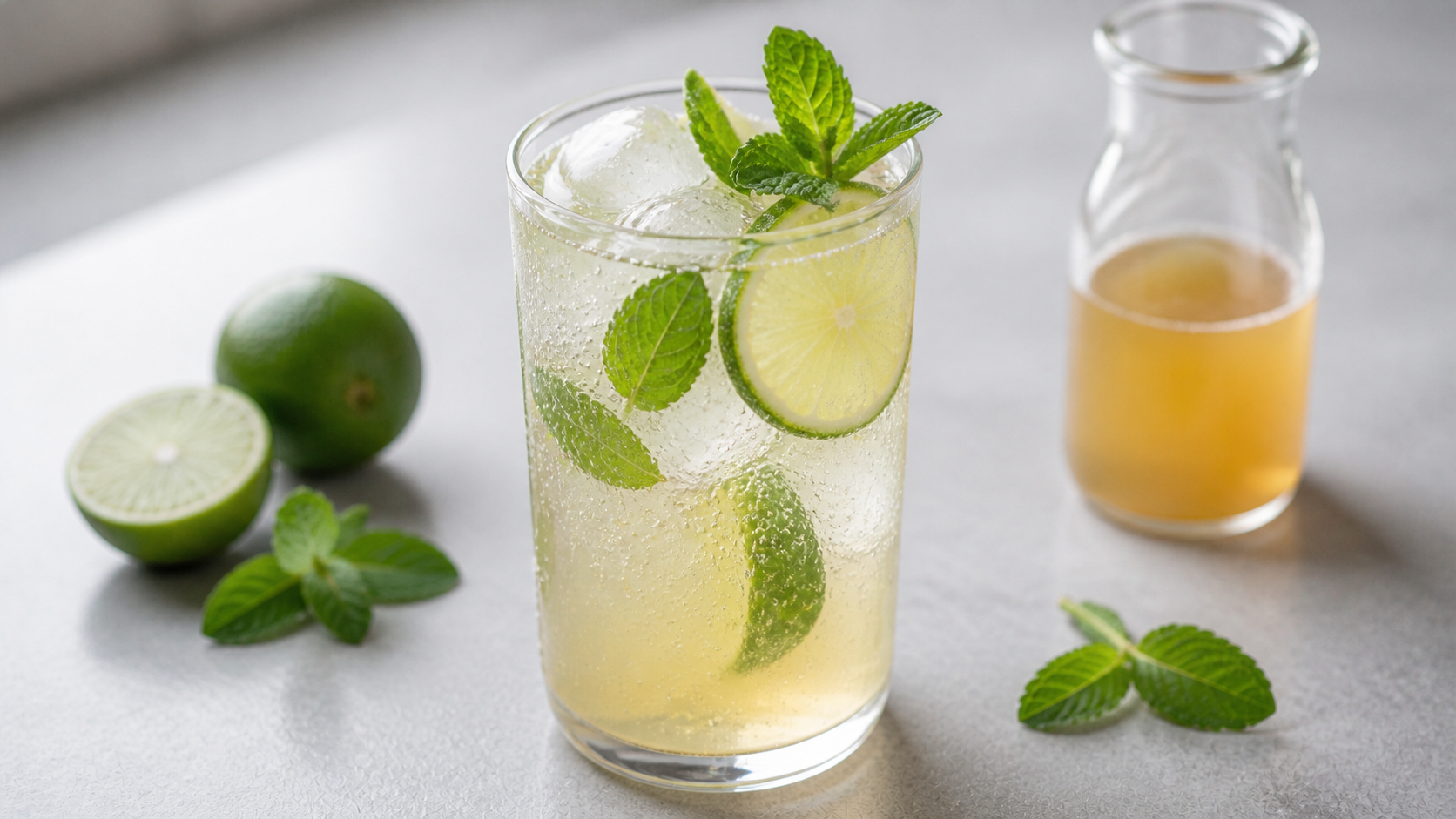 Keto ginger-lime shrub with ice, lime slices, mint and sparkling water in a glass