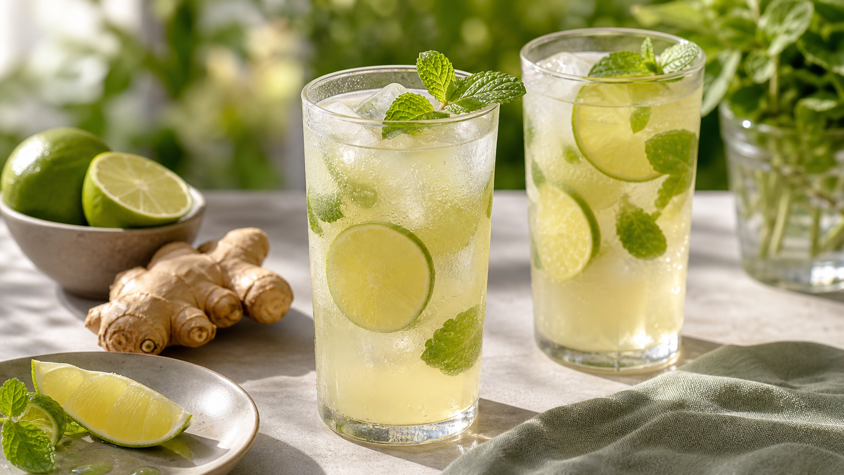 Keto ginger-lime shrub with ice, lime slices, mint and sparkling water in a glass