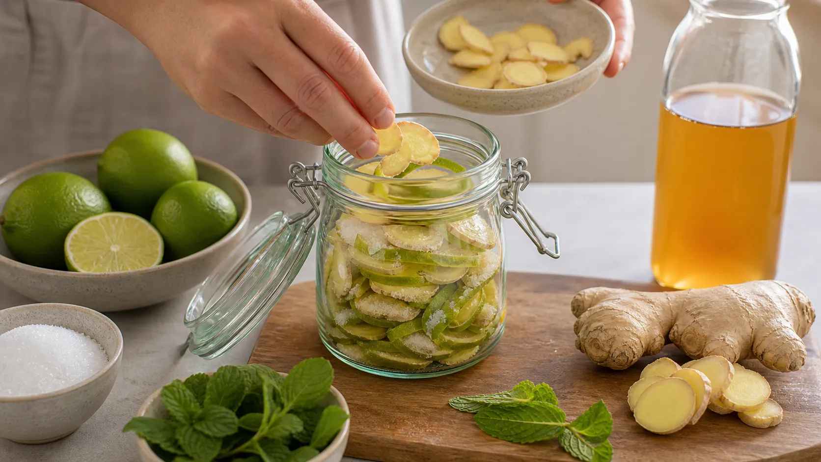 Ginger and lime are combined with apple cider vinegar and erythritol in a glass