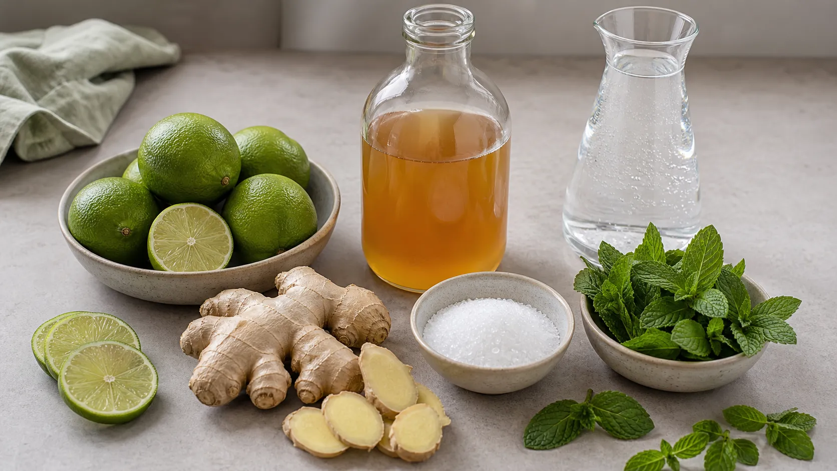 Fresh ginger, limes, apple cider vinegar, erythritol, mint and sparkling water for keto shrub