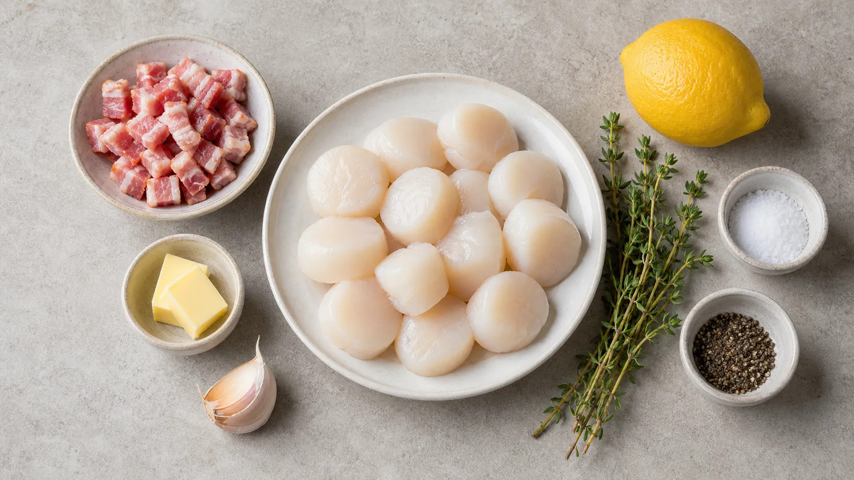 Ingredients for keto scallops with bacon: scallops, diced bacon, butter, garlic, thyme and lemon